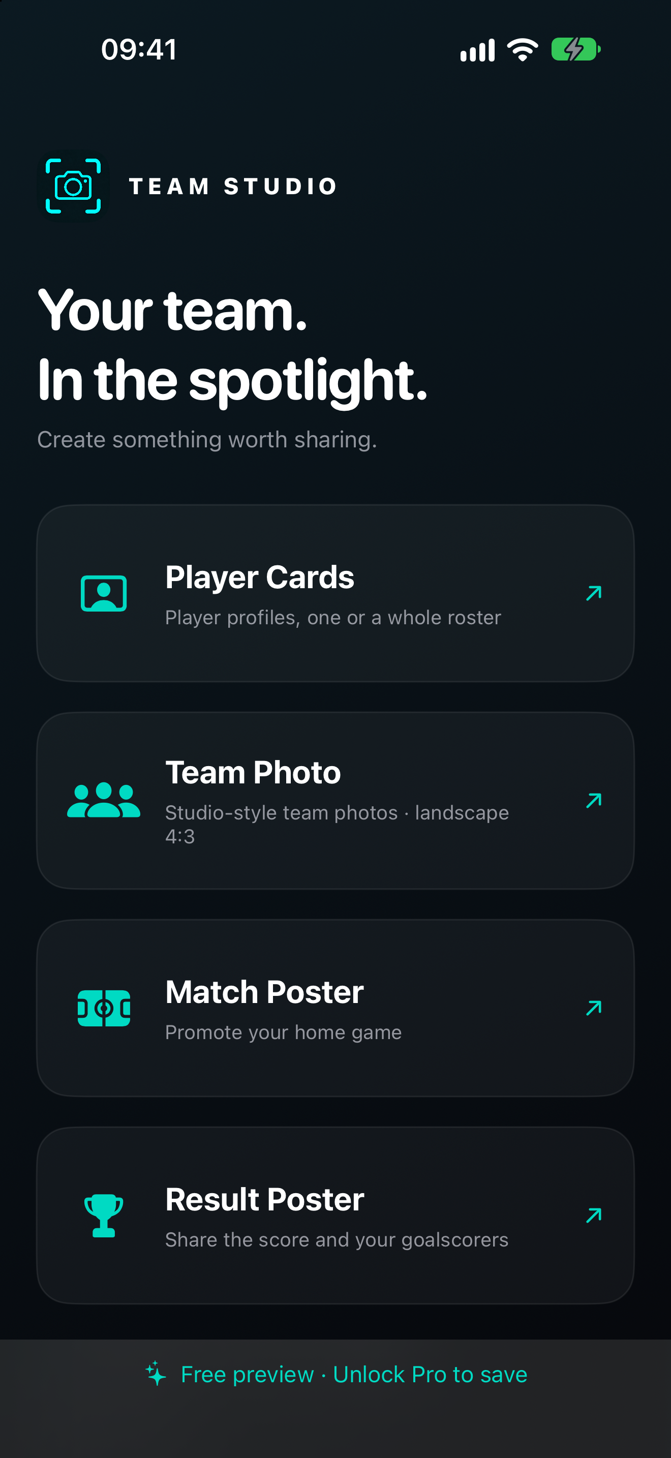 Team Studio home screen showing Player Cards, Team Photo, Match Poster and Result Poster